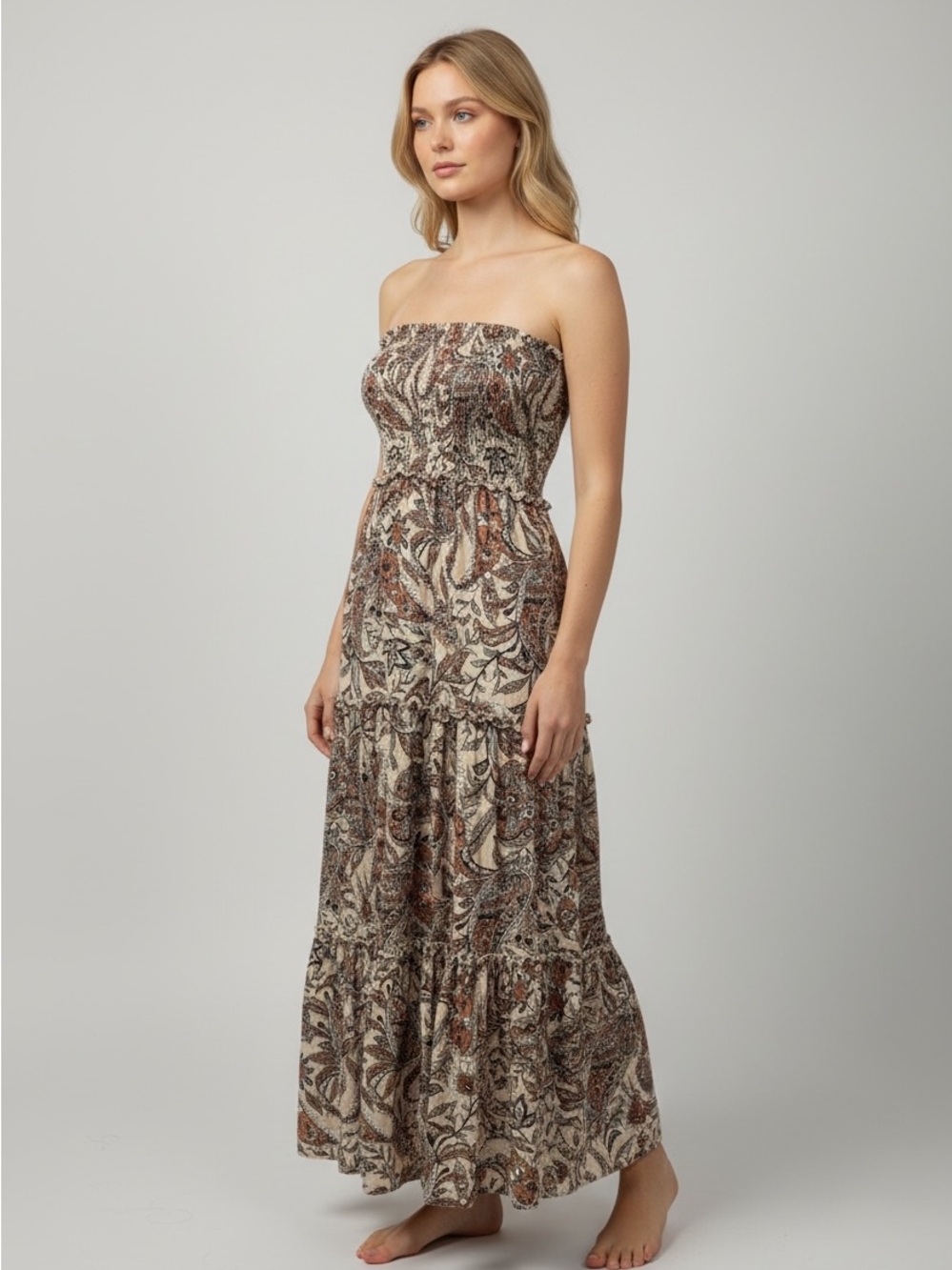 Abel The Label Paisley Smocked Strapless Maxi Dress in Cream and Brow